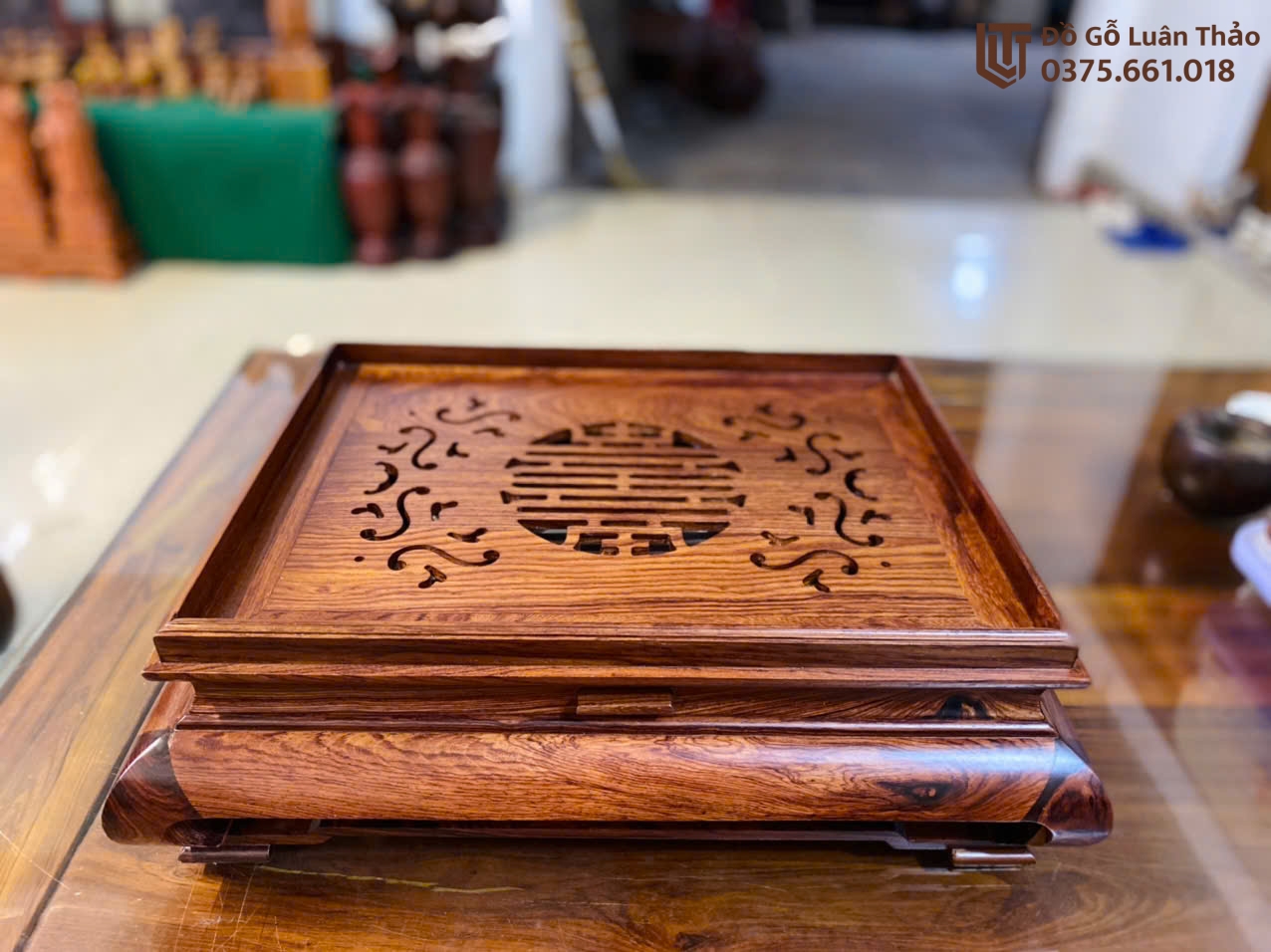 Khay trà gỗ cẩm cao 14 ngang 46.5 sâu 36.5(cm )